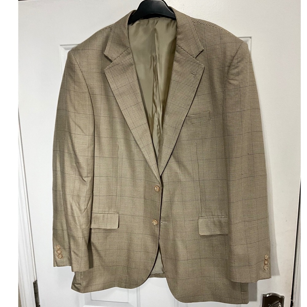 Alan Flusser Mens 44L Silk Worsted Wool Blazer Houndstooth Tan Brown Sport Coat